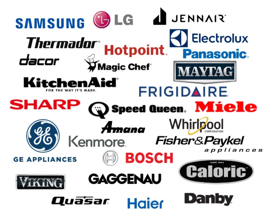 Brands we service, including Samsung, LG, JennAir, Electrolux, Panasonic, Thermador, Hotpoint, Maytag, KitchenAid, Frigidaire, Sharp, Speed Queen, Miele, GE Appliances, Amana, Whirlpool, Kenmore, Fisher & Paykel, Bosch, Caloric, Viking, Gaggenau, Quasar, Haier, Danby, Magic Chef and Dacor
